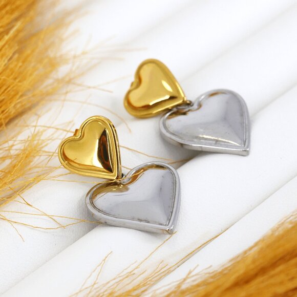 Chic Two-Tone Heart Earrings Crafted from Stainless Steel - Picture 1 of 1